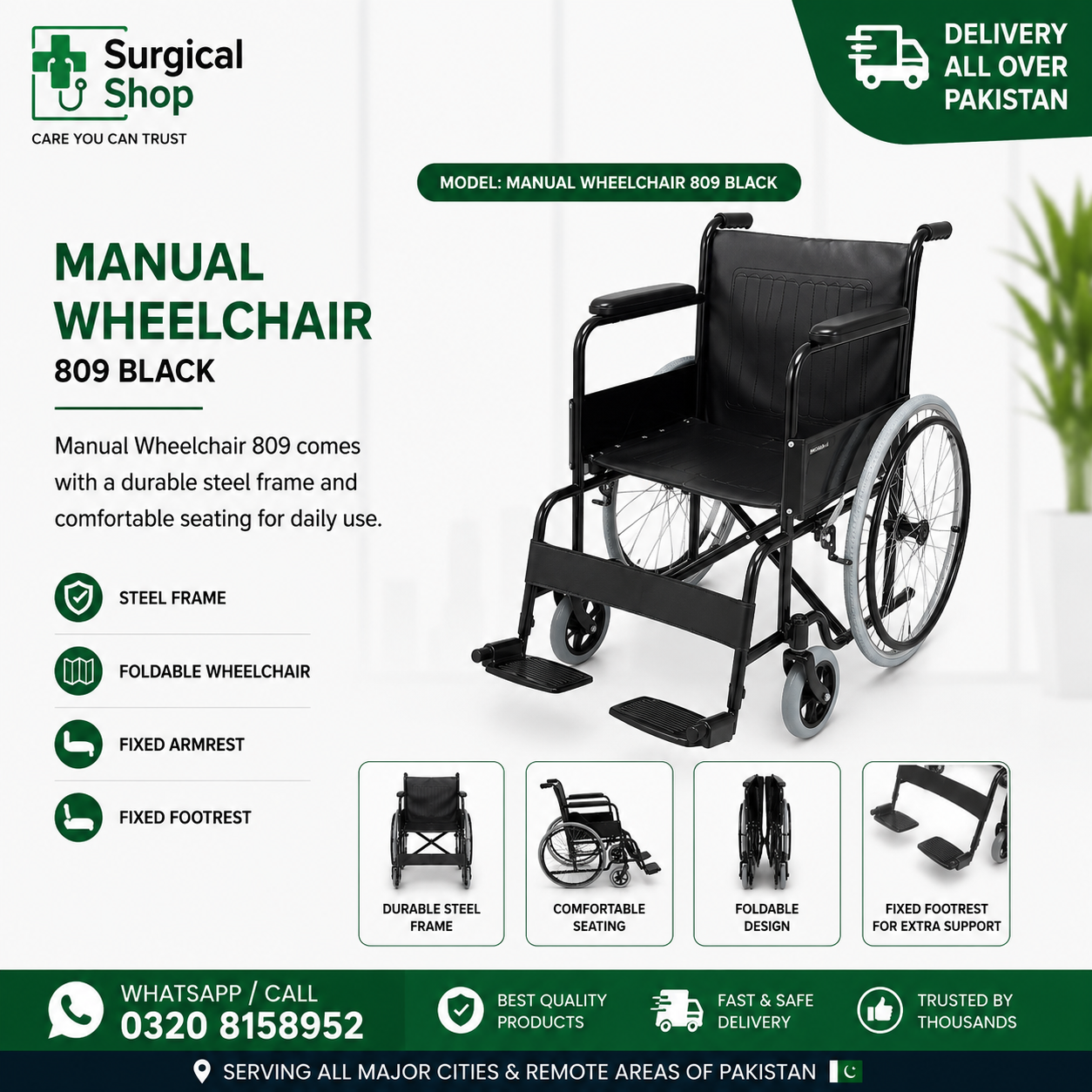 Manual Wheelchair SS809 Black Foldable Steel Wheelchair
