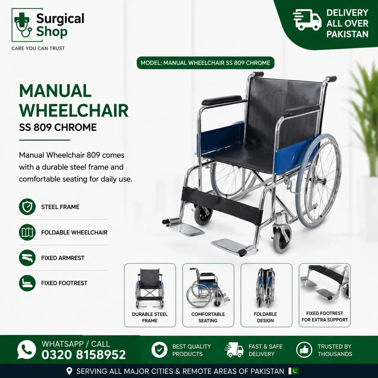 Manual Wheelchair SS809 Chrome – Foldable Steel Wheelchair