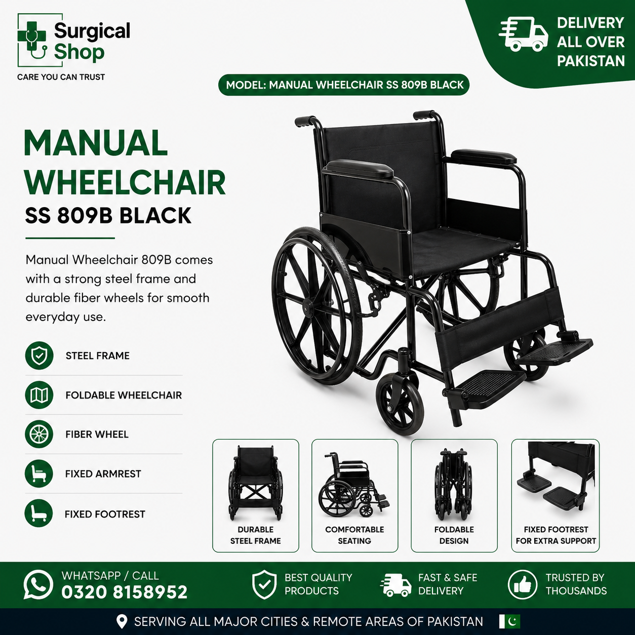 Manual Wheelchair SS809B Black Foldable Steel Wheelchair