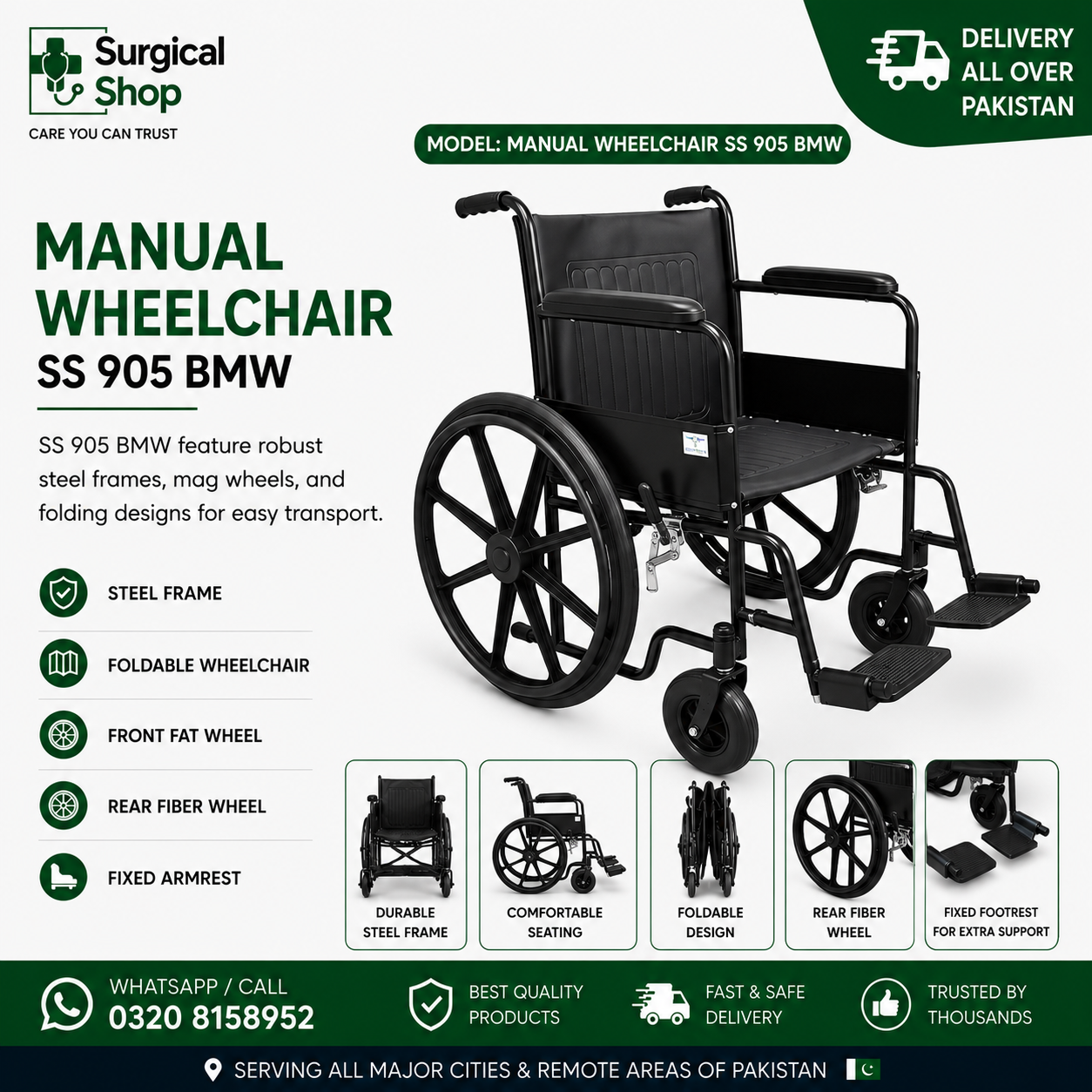 Manual Wheelchair SS905 BMW Foldable Steel Wheelchair