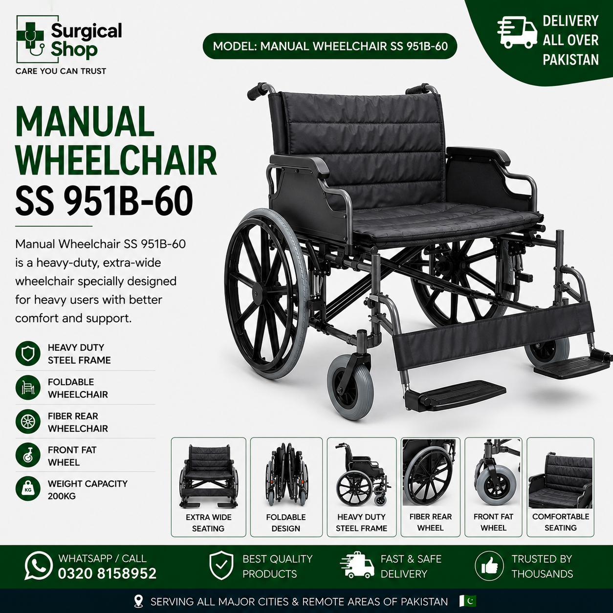 Manual Wheelchair SS951B-60 Extra Wide Heavy Duty Wheelchair