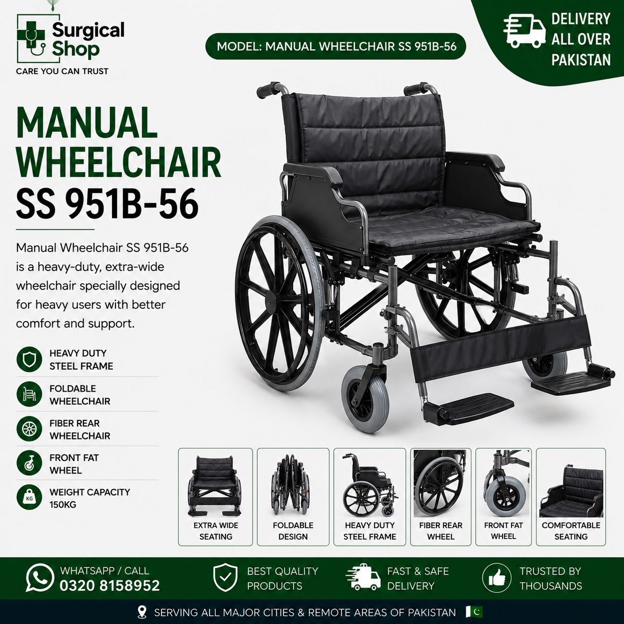 Manual Wheelchair SS951B-56 Heavy Duty Extra Wide Wheelchair